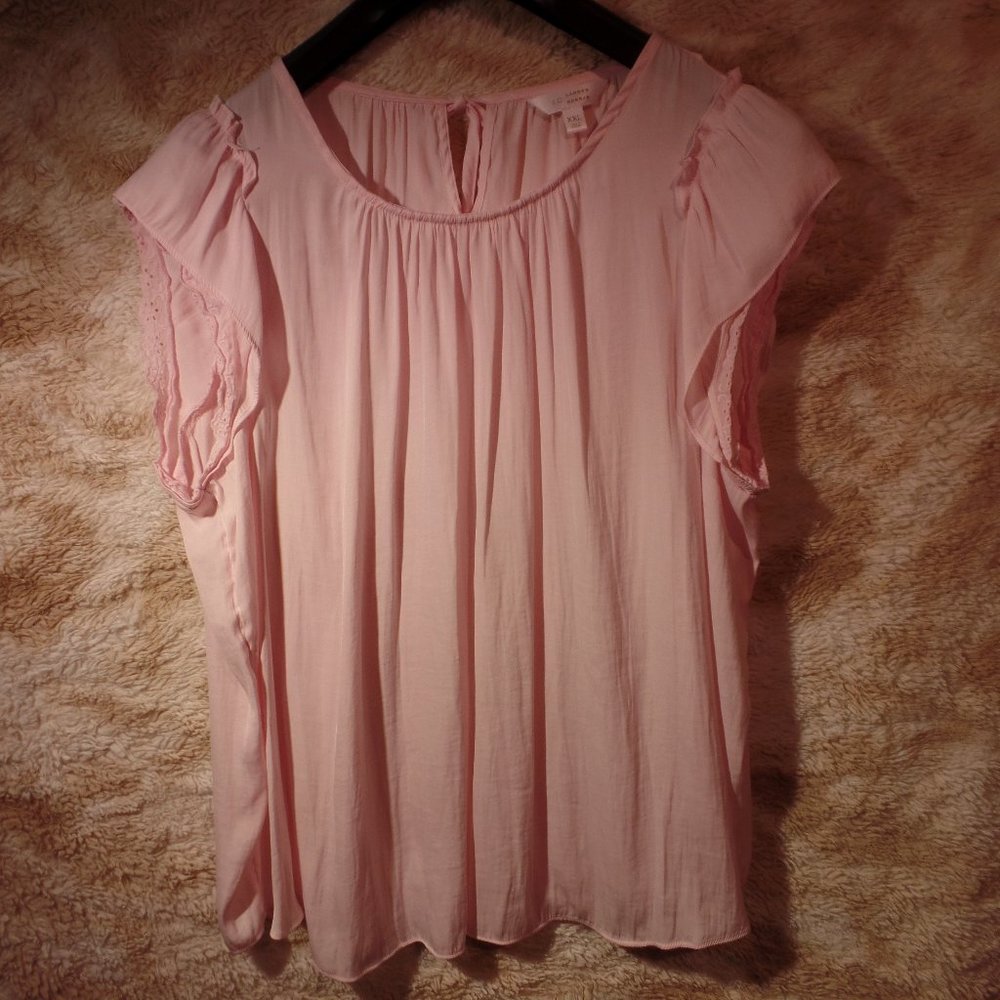 Lauren Conrad baby pink gathered neckline flutter & lace sleeves soft jersey XXL